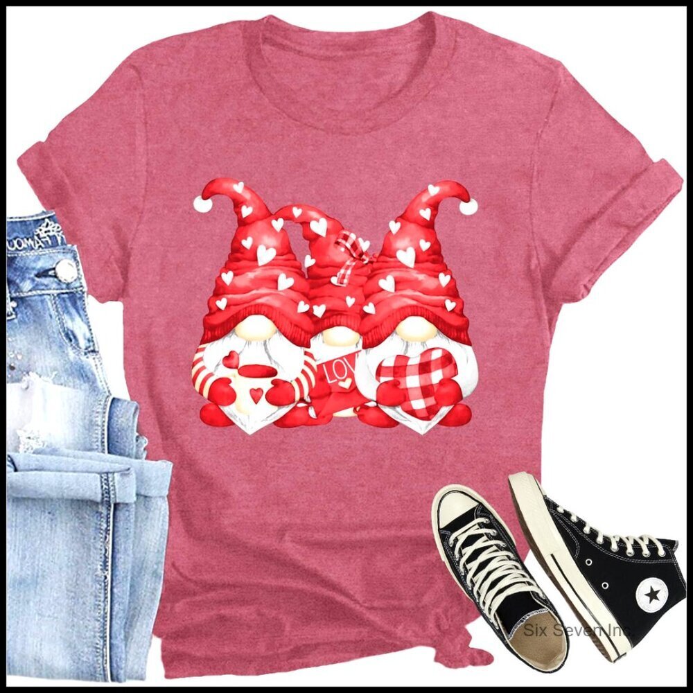 Valentine's Day Gnome Love Heart T-Shirt Casual Romantic Festival Tee